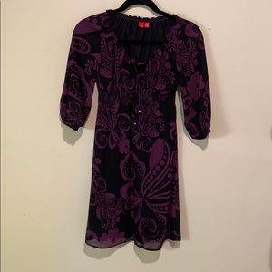 Purple Black Paisley Smocked Tie Front 3/4 Sleeve Boho Mini Dress